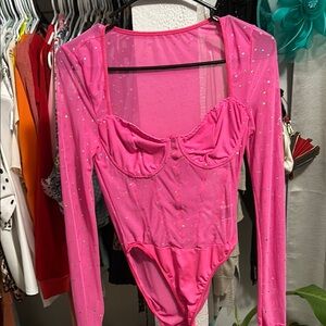 SHEIN Pink Bodysuit with Long Sleeves and Scoop Neckline